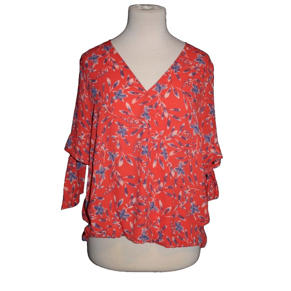 Stitch Fix West Kei Surplice Blouse Coral Floral 3/4 Sleeve Crossover Medium M